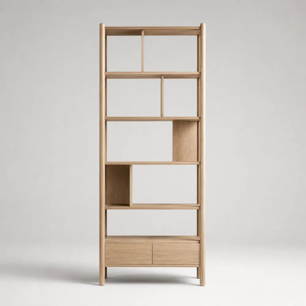 Libreria alta in legno con ripiani aperti e 2 cassetti, rovere naturale, 80 x 35 x 190 cm