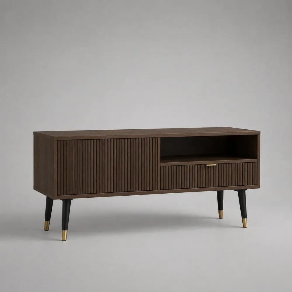 Mobile porta TV rettangolare marrone scuro 140 x 40 x 65 cm in MDF impiallacciato noce con 2 ante, cassetto e vano aperto