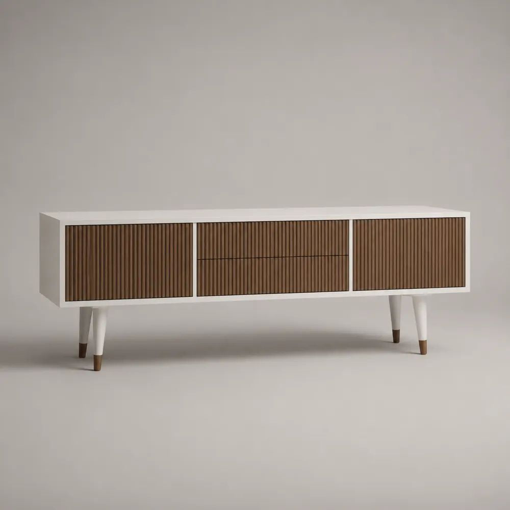 Mobile TV basso rettangolare in MDF bianco e noce con 2 ante e 2 cassetti, 160 × 40 × 65 cm