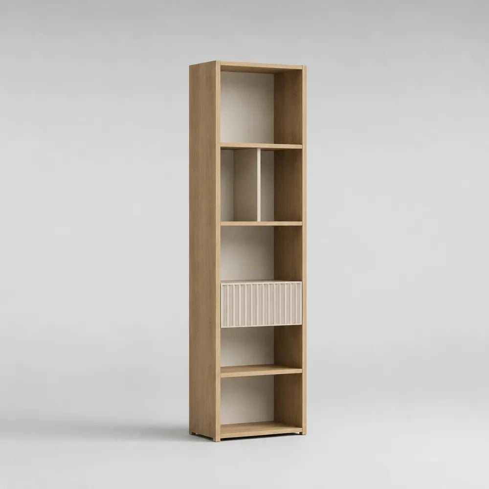 Libreria alta a 6 vani con cassetto in pannello truciolare melaminico rovere naturale e bianco, 40 x 30 x 180 cm
