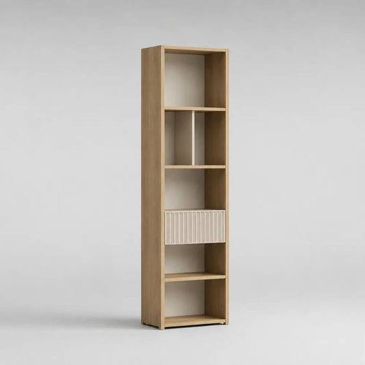 Libreria alta a 6 vani con cassetto in pannello truciolare melaminico rovere naturale e bianco, 40 x 30 x 180 cm