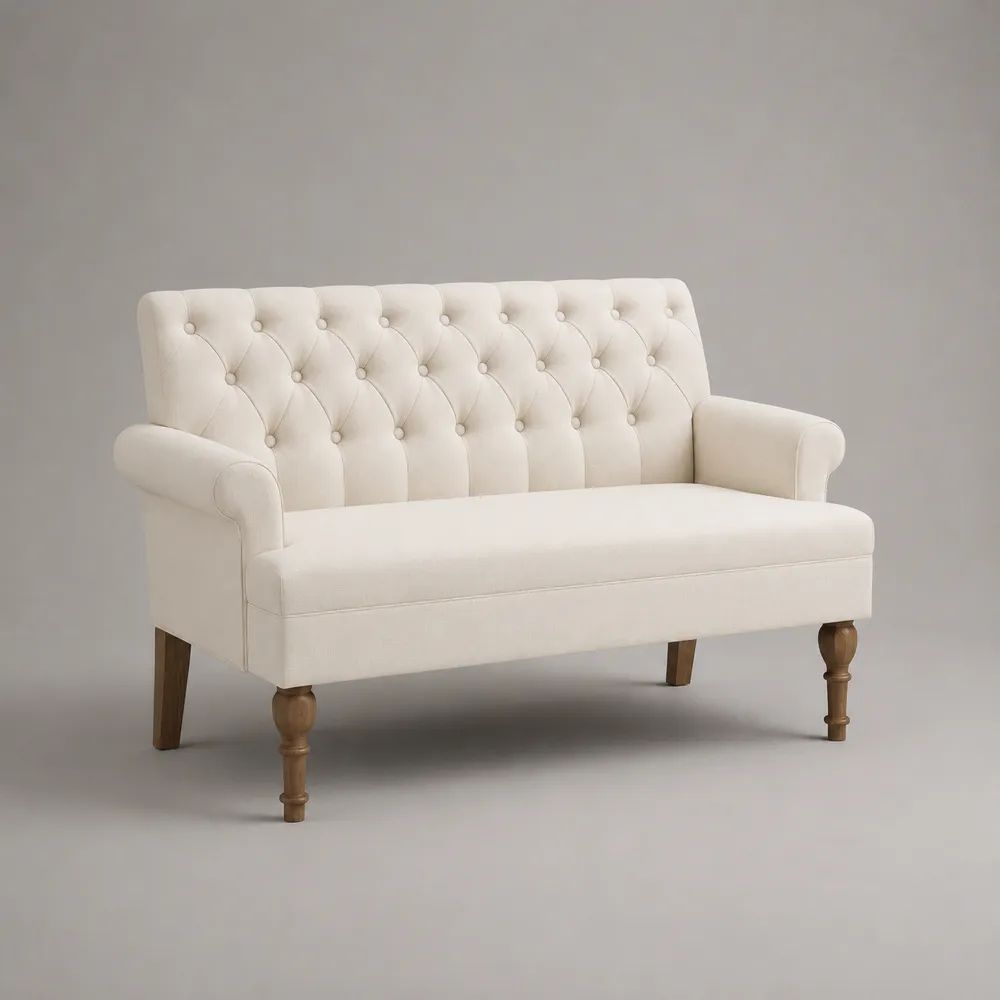 Panca fondoletto rettangolare a 2 posti in tessuto capitonné avorio con gambe in legno marrone, 130 x 68 x 92 cm