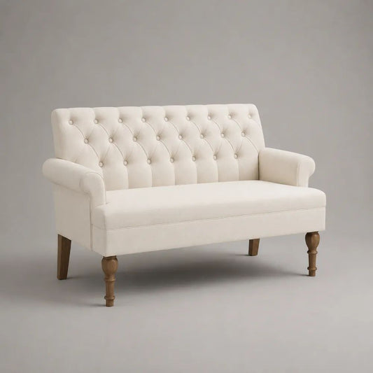 Panca fondoletto rettangolare a 2 posti in tessuto capitonné avorio con gambe in legno marrone, 130 x 68 x 92 cm