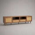 Mobile TV rettangolare marrone noce e naturale 180 x 40 x 60 cm in legno massello di mango e rattan intrecciato