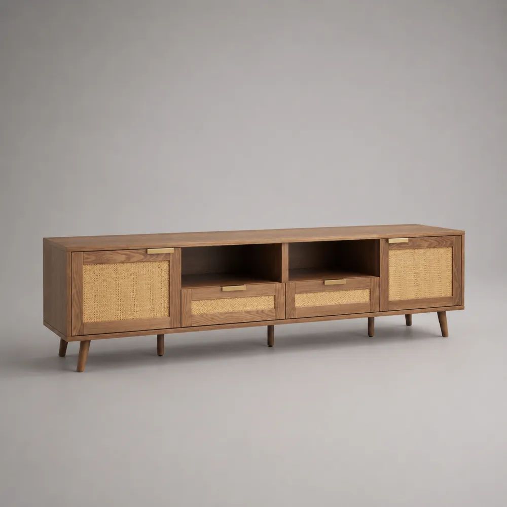 Mobile TV rettangolare marrone noce e naturale 180 x 40 x 60 cm in legno massello di mango e rattan intrecciato