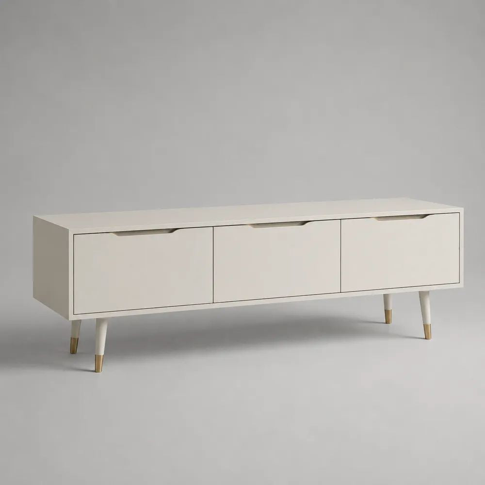 Mobile TV basso rettangolare in MDF bianco crema e oro con 3 ante, 150 × 40 × 60 cm