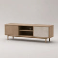 Mobile porta TV basso in legno rovere naturale e beige, 160 x 40 x 60 cm, con 2 ante, ripiano aperto e passacavi