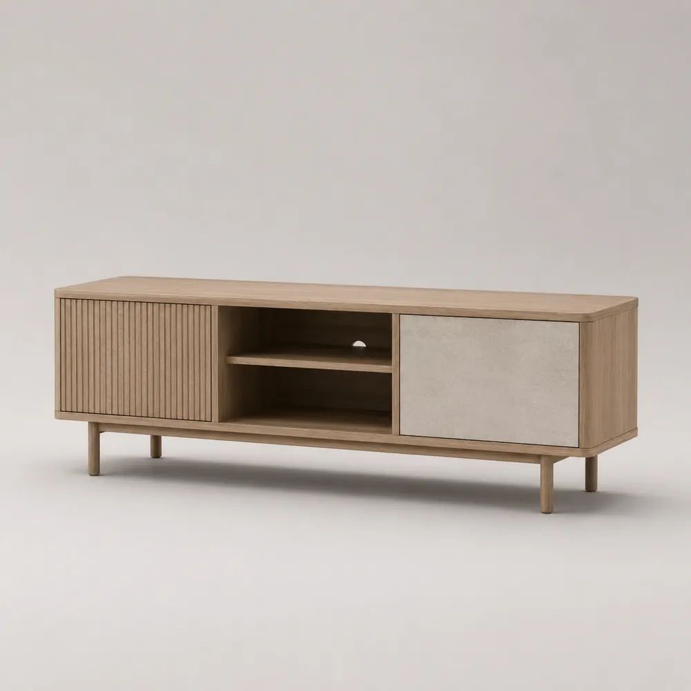 Mobile porta TV basso in legno rovere naturale e beige, 160 x 40 x 60 cm, con 2 ante, ripiano aperto e passacavi