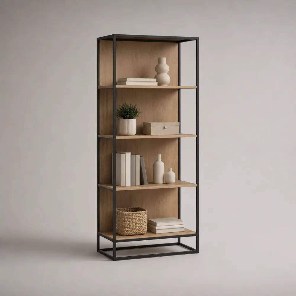 Libreria rettangolare a 5 ripiani in legno e metallo, rovere naturale e nero, 80 x 35 x 180 cm