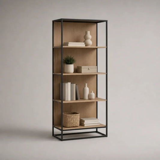 Libreria rettangolare a 5 ripiani in legno e metallo, rovere naturale e nero, 80 x 35 x 180 cm